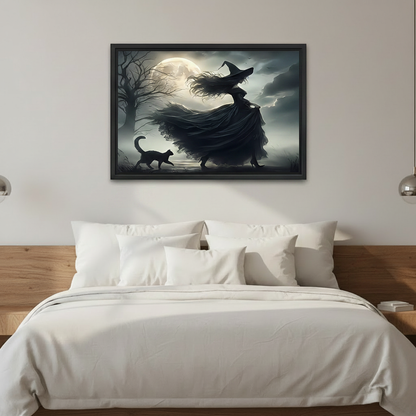 Black cat and witch moonlit night framed wall art, black frame, dark gothic oil painting style, styled above a bed in a clean modern bedroom with wood headboard and white bedding