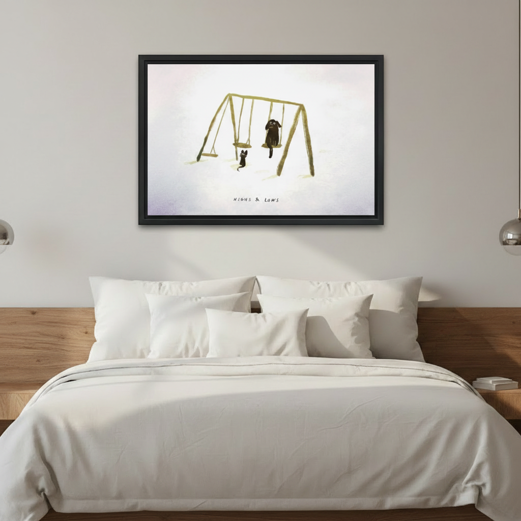 Dog and cat playground swing "Highs & Lows" framed wall art, black frame, whimsical minimalist illustration, styled above a bed in a clean modern bedroom with wood headboard