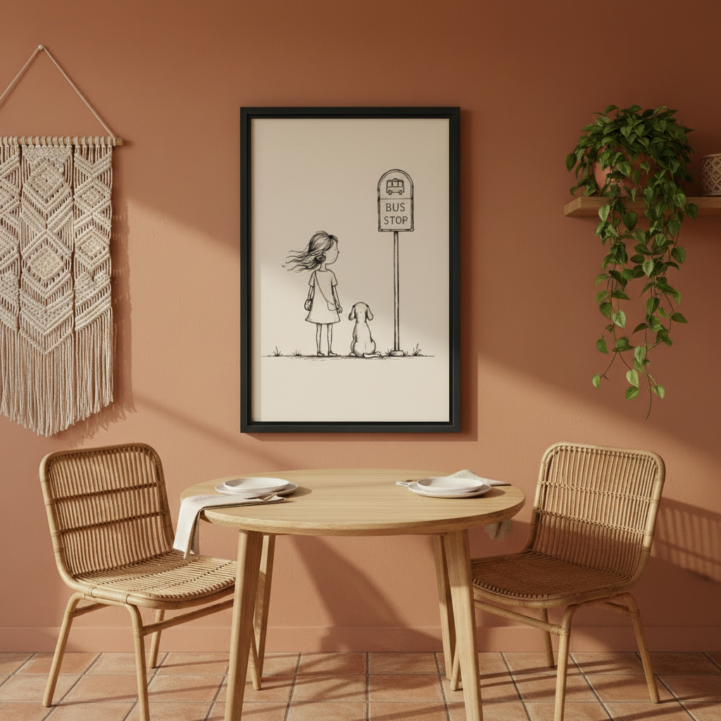Charming girl and dog waiting together bus stop minimalist sketch wall art print in black frame on terracotta wall above rattan dining table and chairs with macrame wall hanging in boho dining room