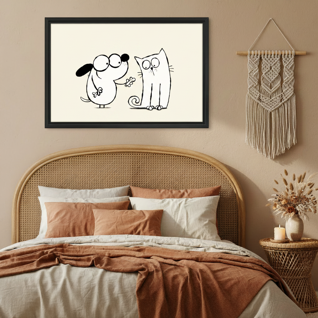 Adorable dog and cat bone sharing cartoon line drawing wall art print in black frame above rattan headboard bed with terracotta linen and macrame wall hanging in boho bedroom


