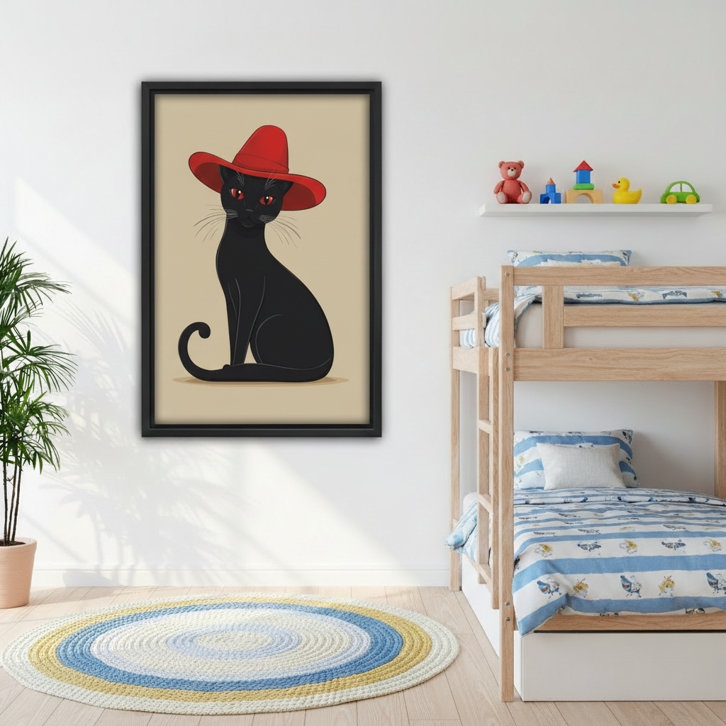 Cute black cat red hat wall art for kids bedroom, stylish cat in wide brim red hat on beige background, black framed canvas print for children's room decor