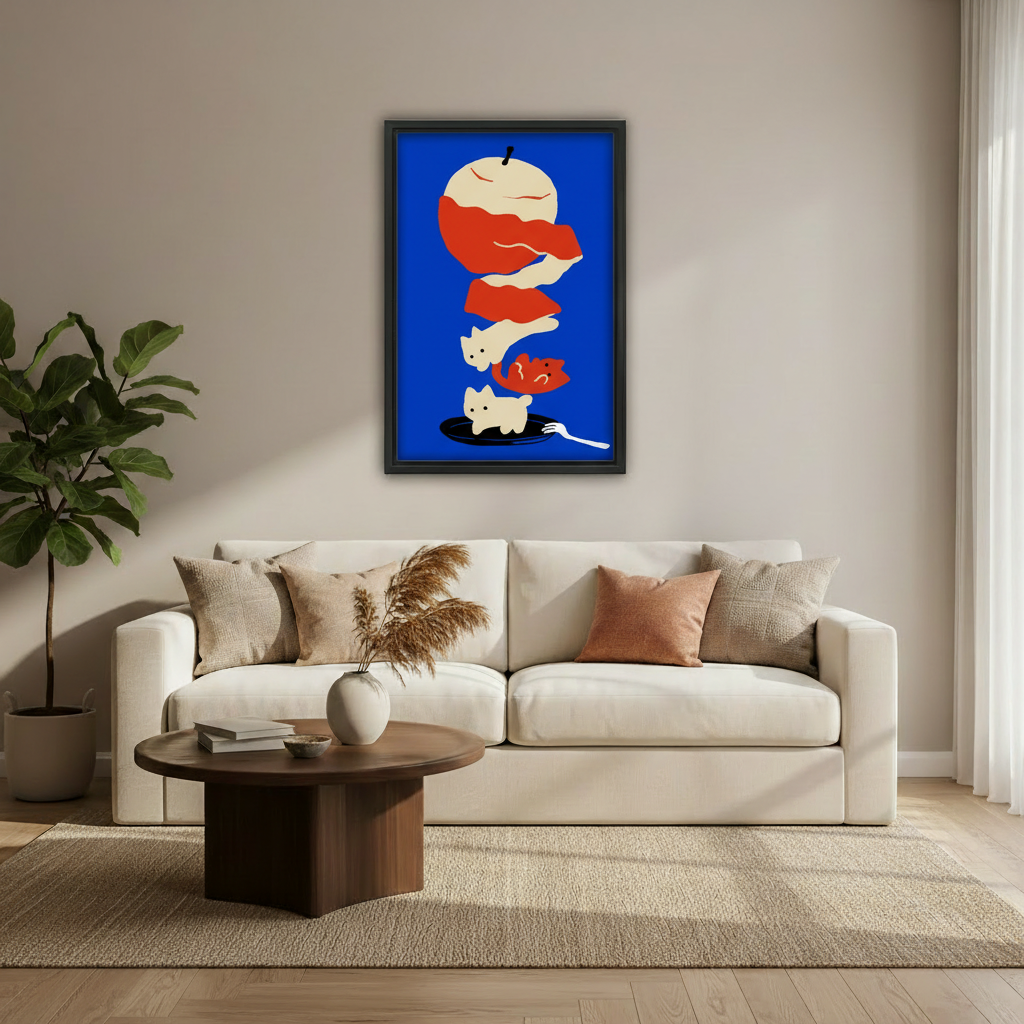 Blue graphic cat apple framed canvas wall art print above cream sofa in modern living room
