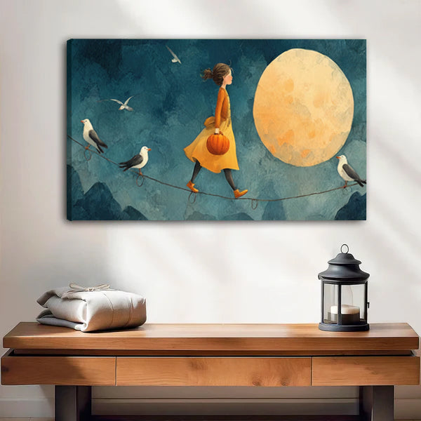 Moonlit girl walking tightrope with seagulls and moon gallery wrap canvas wall art above wooden console