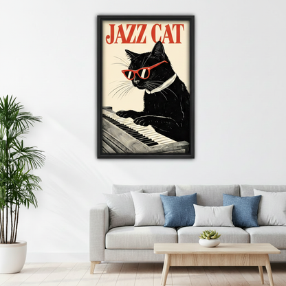 Jazz Cat playing piano canvas wall art above gray sofa in modern living room, retro funny black cat music home decor