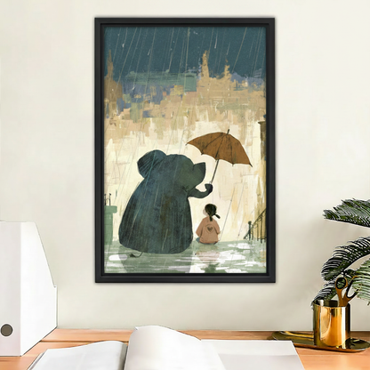 Elephant and girl in rain framed wall art print, black frame, whimsical storybook illustration, displayed in a cozy home office above a wooden desk