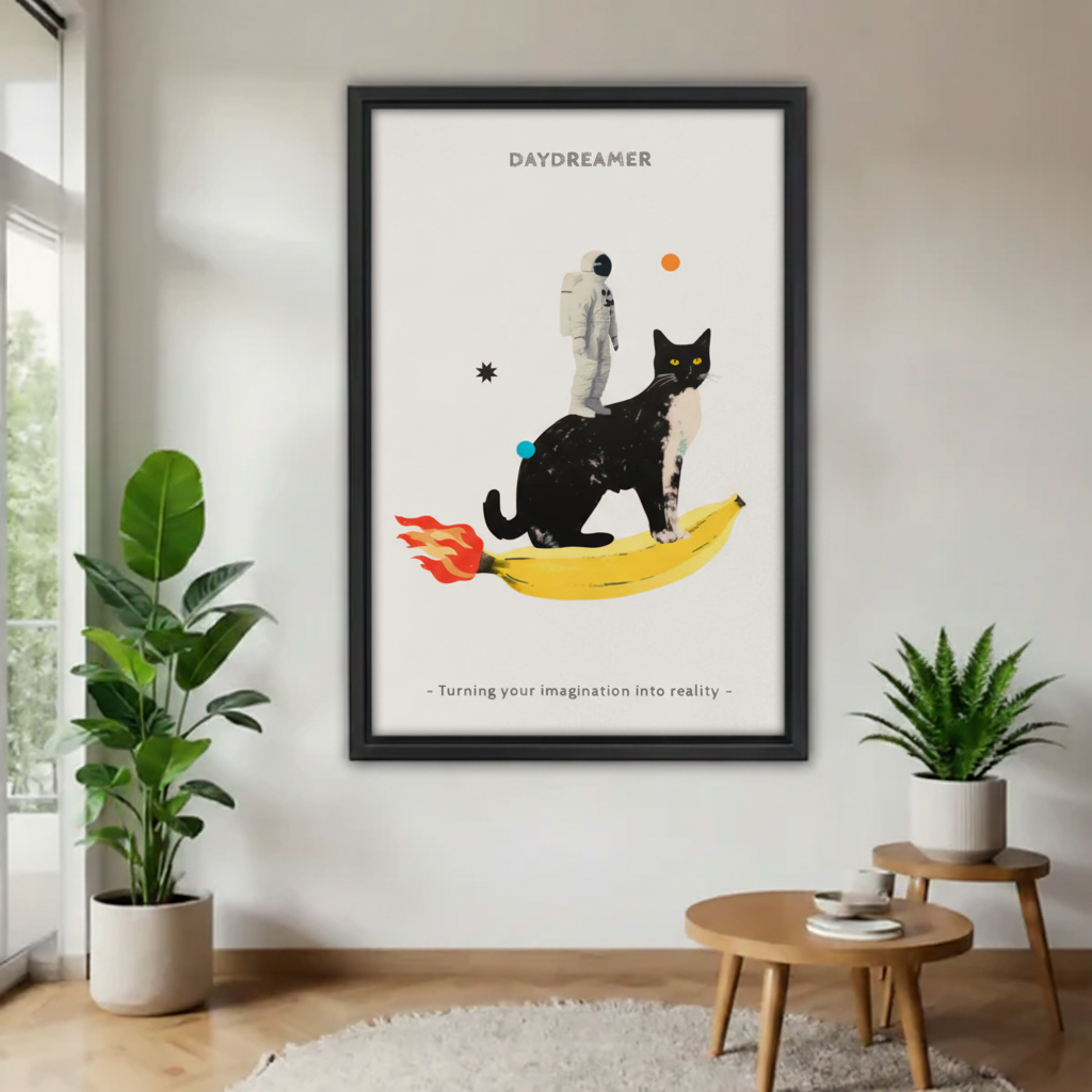 Daydreamer black cat riding banana rocket astronaut collage wall art print in black frame on white wall with fiddle leaf fig and round oak side table in Scandinavian living room