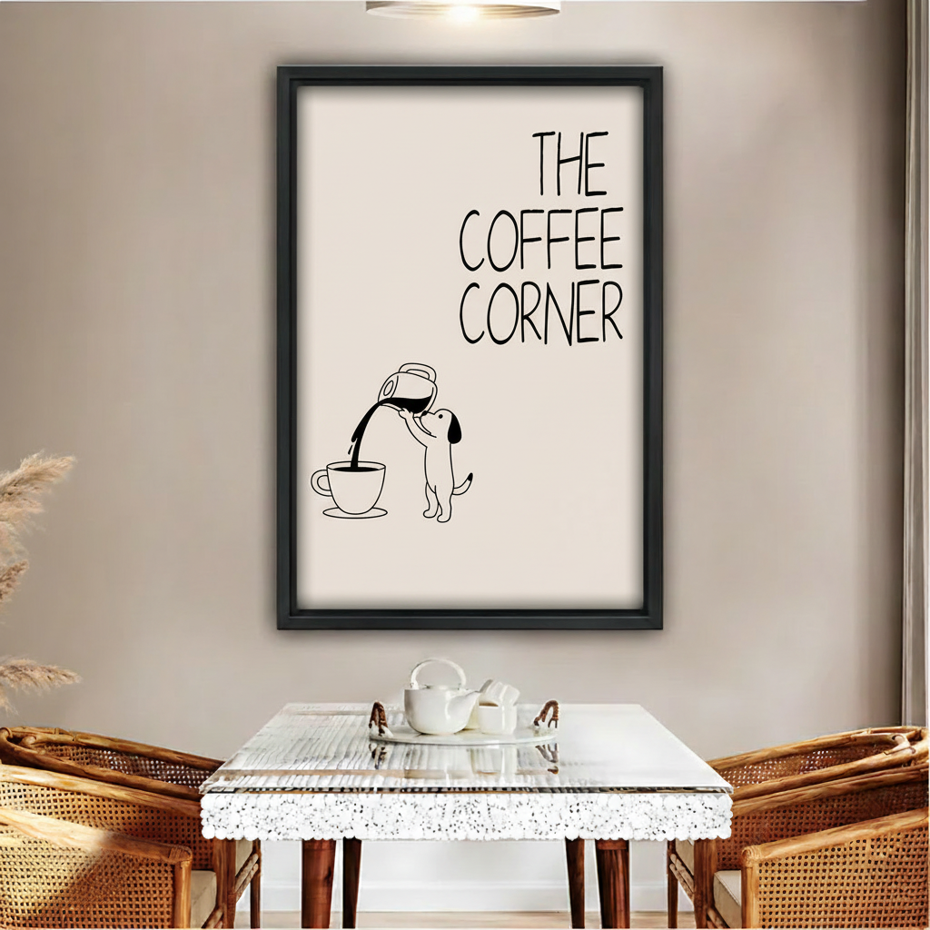 Funny dog the coffee corner humorous line drawing wall art print in black frame above glass dining table with rattan chairs and white tea set in boho dining room