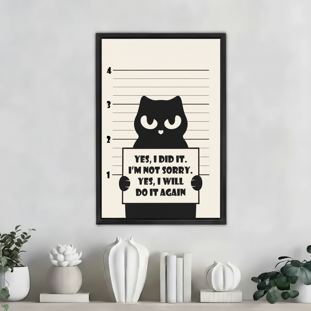 Funny black cat mugshot yes I did it I'm not sorry wall art print in black frame on white shelf with white ceramic vases and succulent plants in minimalist living room