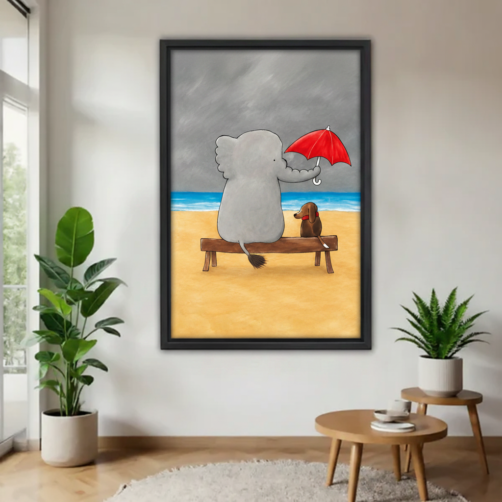 Elephant and dachshund sitting on beach bench with red umbrella framed wall art print, black frame, whimsical cartoon friendship illustration grey stormy sky, hung on white wall in a bright minimalist living room with fiddle leaf fig and round side table
