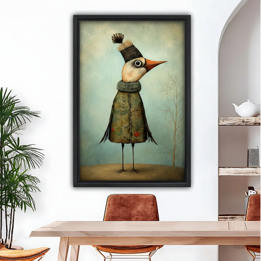 Whimsical bird in coat wall art, quirky bird character wearing green coat and knit hat on teal background, black framed canvas print for dining room decor

