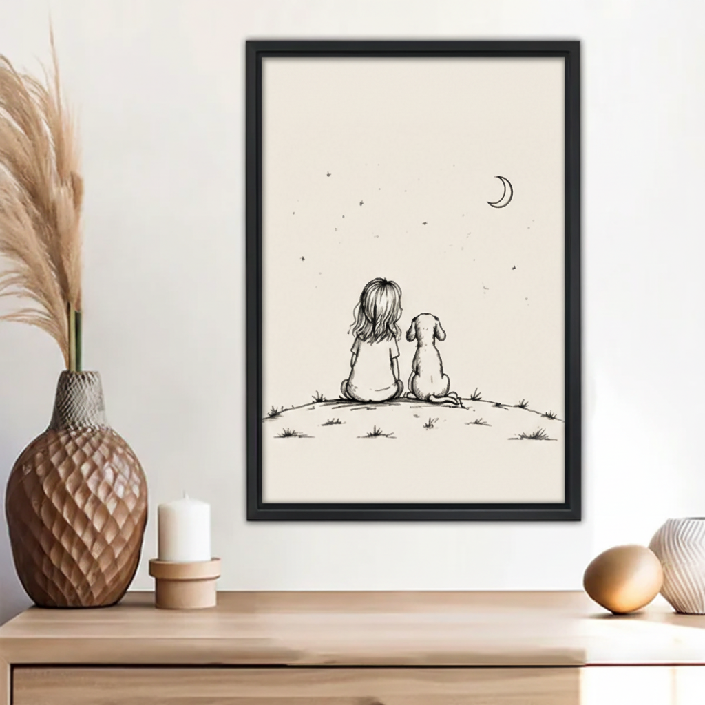 Minimalist girl and dog sitting on hill watching moon stars line drawing wall art print in black frame above wooden sideboard with pineapple vase and white candle in boho living room