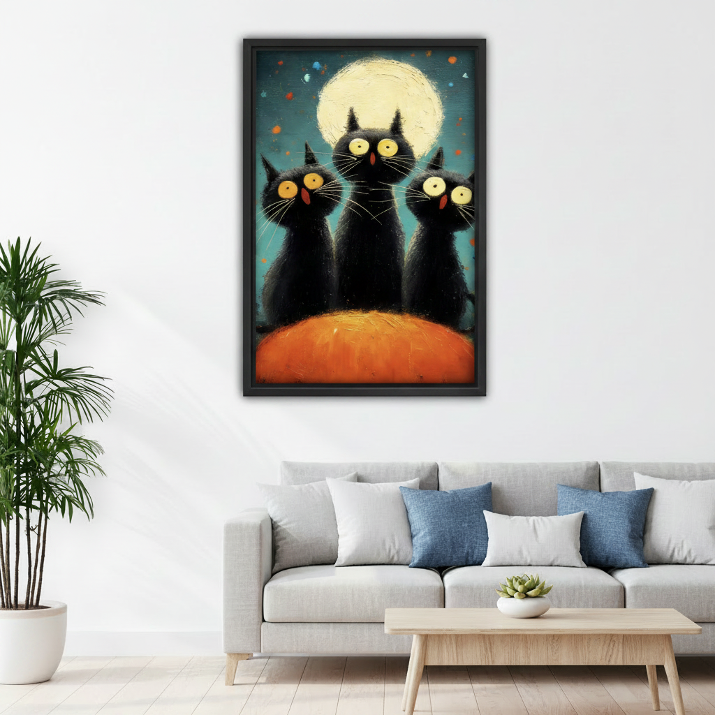 Whimsical black cats full moon canvas wall art above grey sofa, black frame, bold pop art cat print, modern living room decor