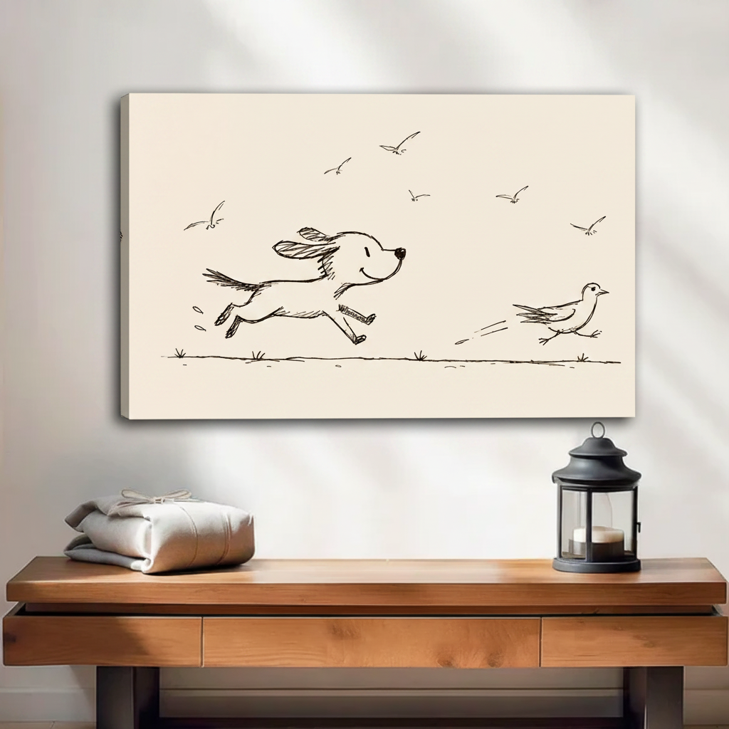 Cute running dog sketch wall art in black floating frame above entryway console