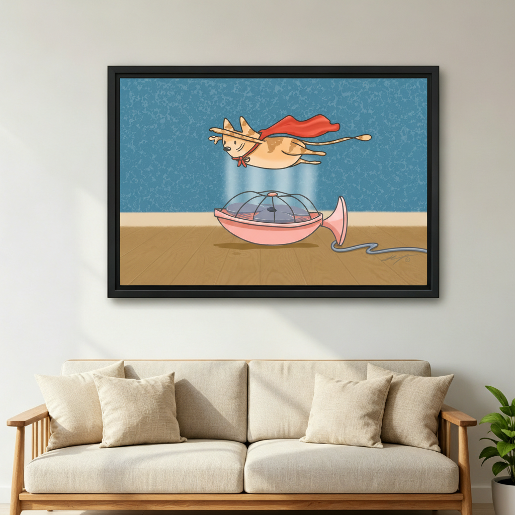 Funny cat flying in fan wind framed canvas art — quirky superhero cat illustration for entryway or hallway display