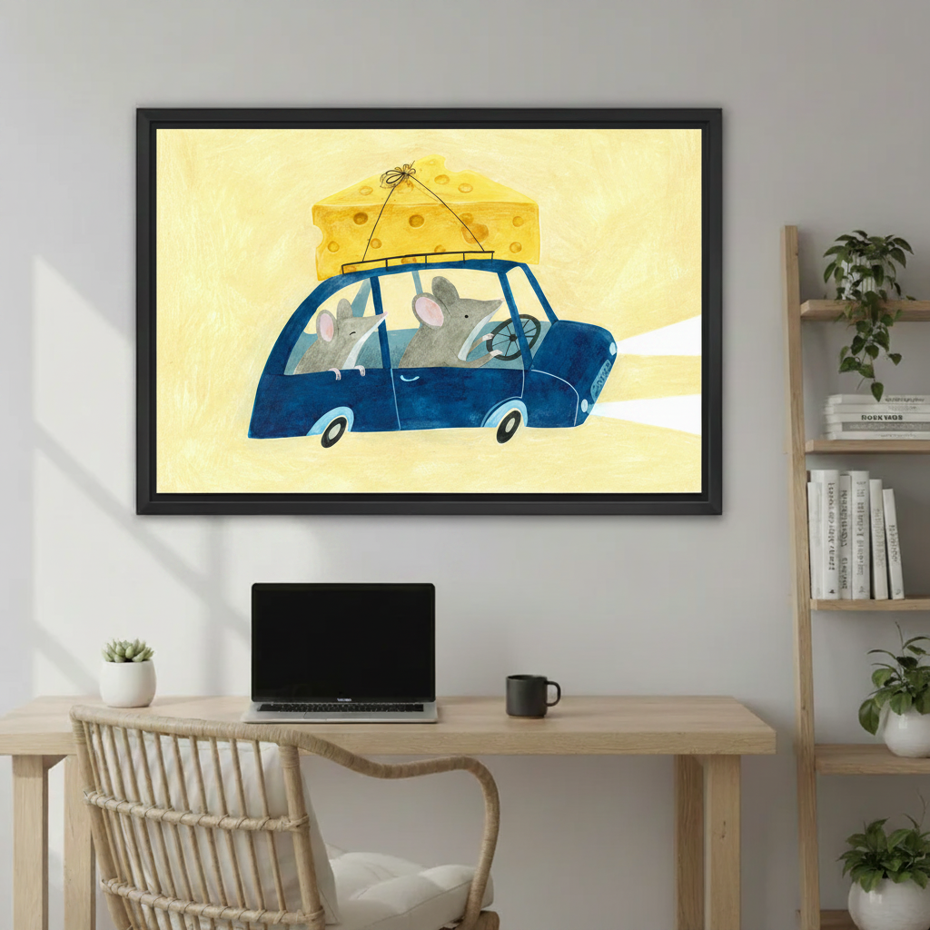 Whimsical mice road trip wall art print — watercolor illustration of mice driving blue car for nursery or kids room decor
