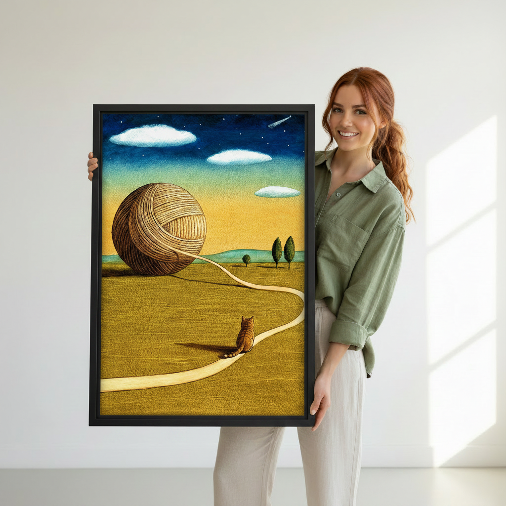 Woman holding cat giant yarn ball surreal landscape canvas print – black framed wall art, golden field night sky illustration, whimsical cat lover gift for modern home decor