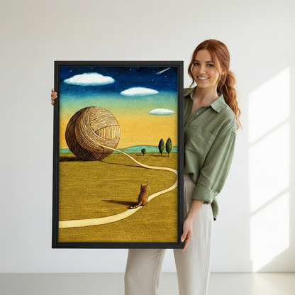 Woman holding cat giant yarn ball surreal landscape canvas print – black framed wall art, golden field night sky illustration, whimsical cat lover gift for modern home decor