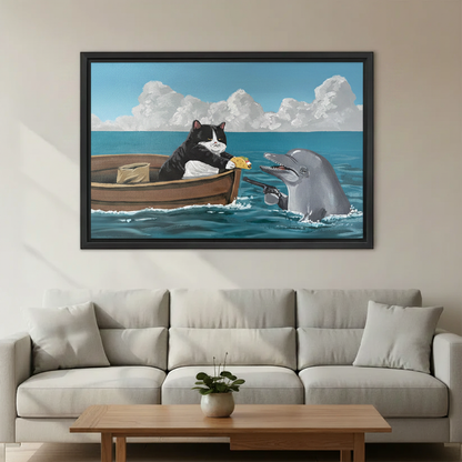 Funny tuxedo cat and dolphin canvas print displayed in living room — unique animal wall decor