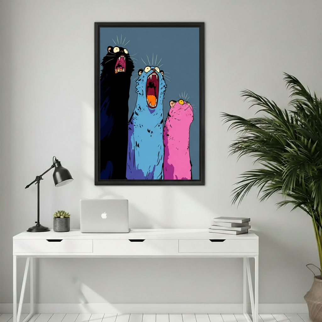Three screaming cats pop art canvas print displayed in beige living room, funny colorful cat art