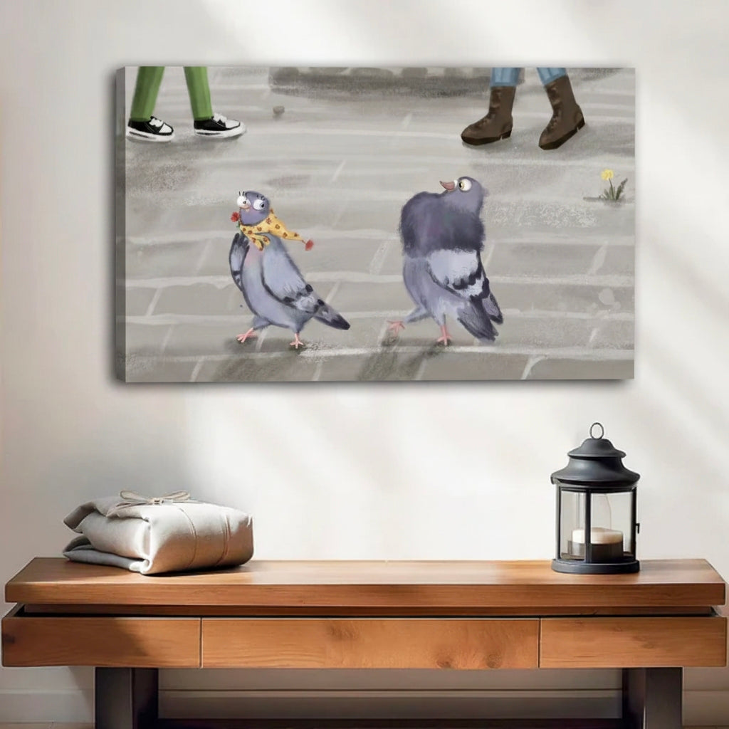 Funny pigeon canvas wall art frameless gallery wrap, whimsical city bird print with visible canvas edges, eclectic home decor