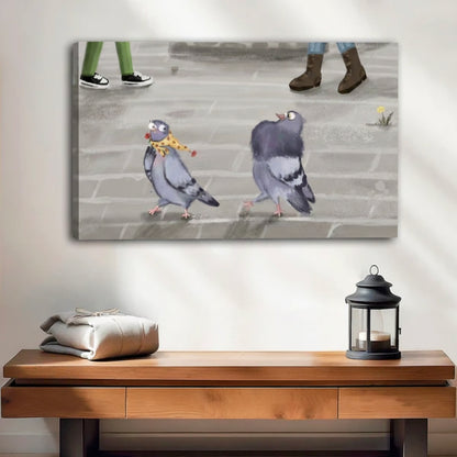 Funny pigeon canvas wall art frameless gallery wrap, whimsical city bird print with visible canvas edges, eclectic home decor