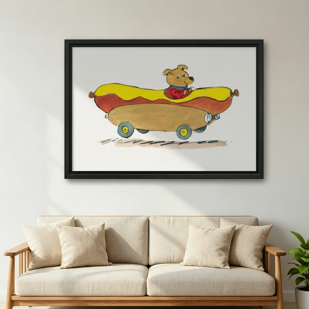 Dog driving a hot dog car canvas wall art — frameless gallery wrap displayed above an entryway console