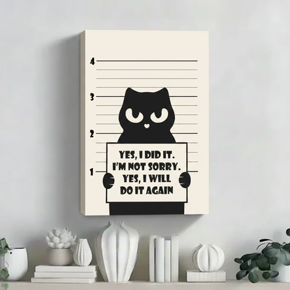 Humorous black cat police lineup yes I will do it again float frame canvas wall art on white shelf with white ceramic vases and green plants in contemporary living room
