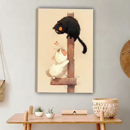 Fluffy black cat peering down at surprised white cat wooden post float frame canvas wall art above wooden console table with white succulents and wicker basket in contemporary entryway