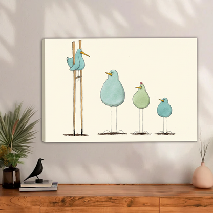 Whimsical chubby blue green birds one on stilts watercolor float frame canvas wall art above walnut sideboard with black bird sculpture and pink ceramic vase in contemporary living room