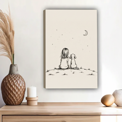 Whimsical girl and dog stargazing crescent moon minimalist line art float frame canvas wall art above wooden sideboard with pineapple vase and ceramic decor on white wall in contemporary living room