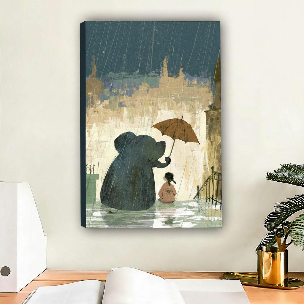 Elephant holding umbrella for girl canvas wall art, frameless gallery wrap, painterly rainy city scene, hung in a modern minimalist home office
