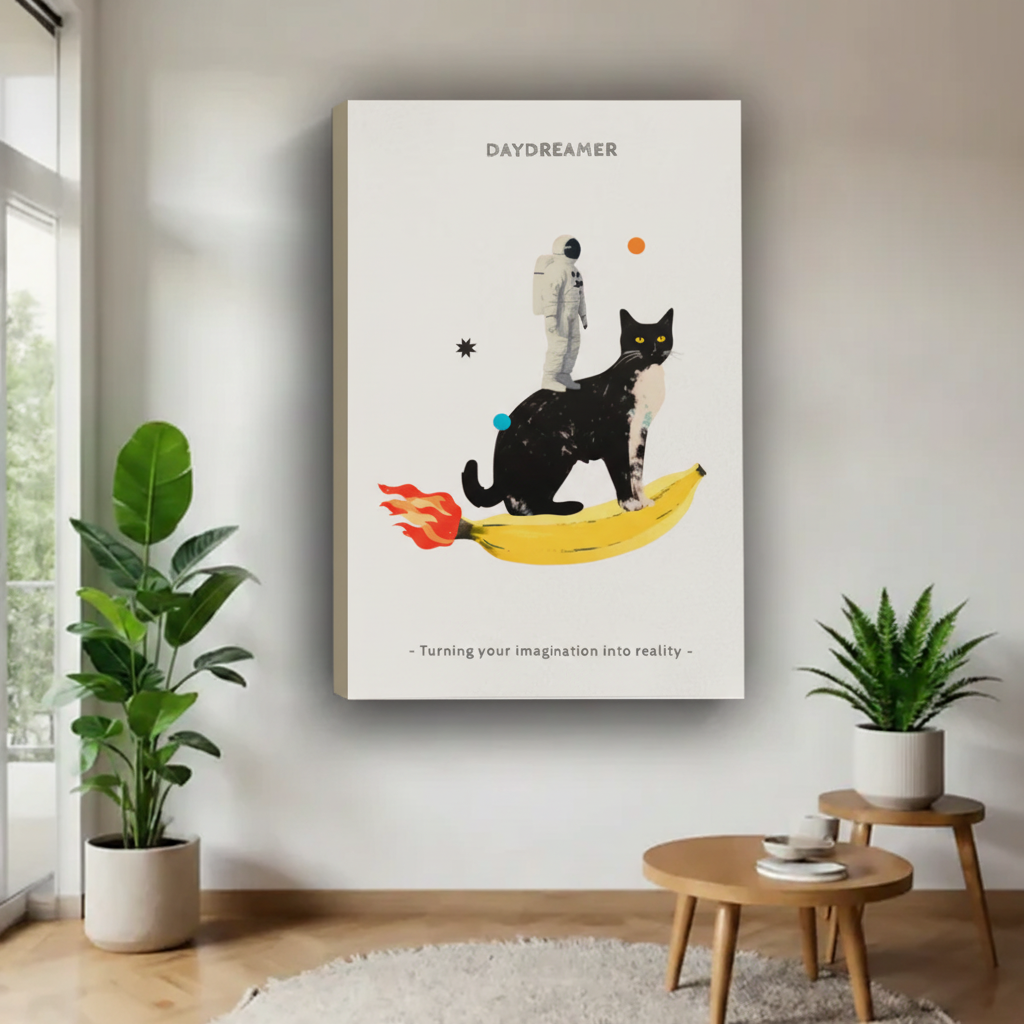 Daydreamer black cat banana rocket astronaut turning imagination into reality float frame canvas wall art on white wall with fiddle leaf fig and round oak side table in contemporary living room