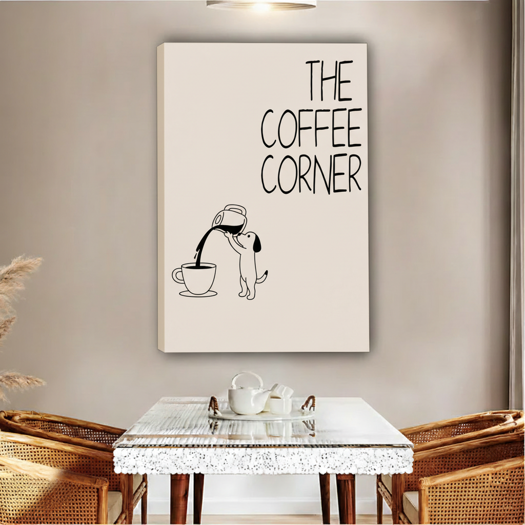Cute dog catching coffee pour the coffee corner funny minimalist illustration float frame canvas wall art above glass dining table with rattan chairs and white tea set in contemporary boho dining room