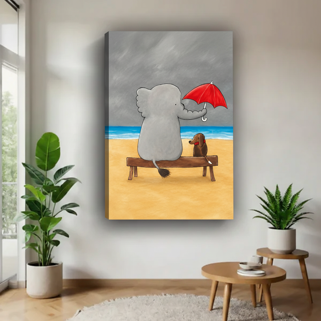 Elephant and dachshund on beach bench with red umbrella canvas wall art, frameless gallery wrap, whimsical cartoon friendship illustration grey stormy sky, hung on white wall in a bright minimalist living room with fiddle leaf fig and round side table