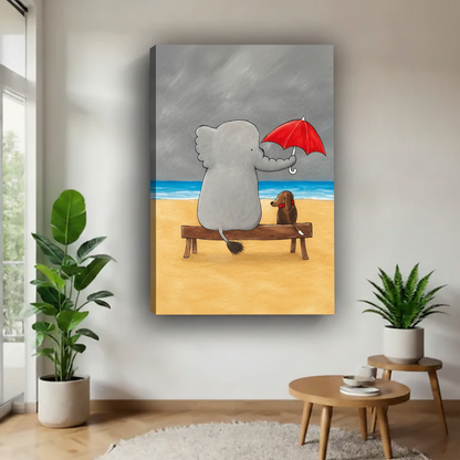 Elephant and dachshund on beach bench with red umbrella canvas wall art, frameless gallery wrap, whimsical cartoon friendship illustration grey stormy sky, hung on white wall in a bright minimalist living room with fiddle leaf fig and round side table