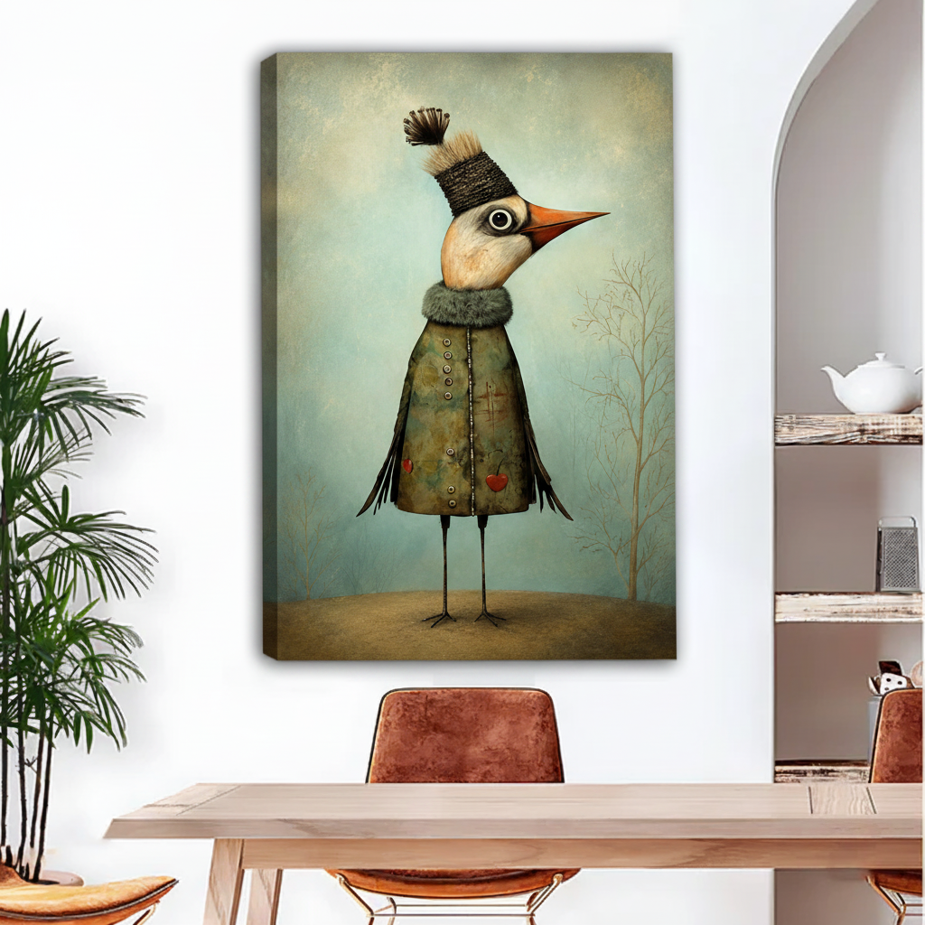 Gallery-wrapped whimsical bird canvas print, funny bird character in green coat with fur collar on teal background, frameless wall art for modern dining room