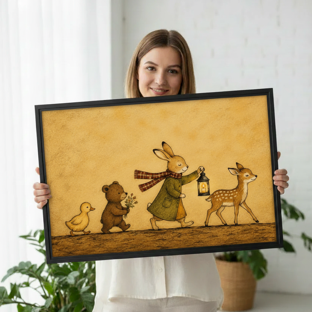 Woman holding woodland animals storybook canvas print, vintage nursery wall art in black frame