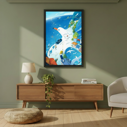 Imaginative seagull aerial view canvas wall art, colorful coastal home decor