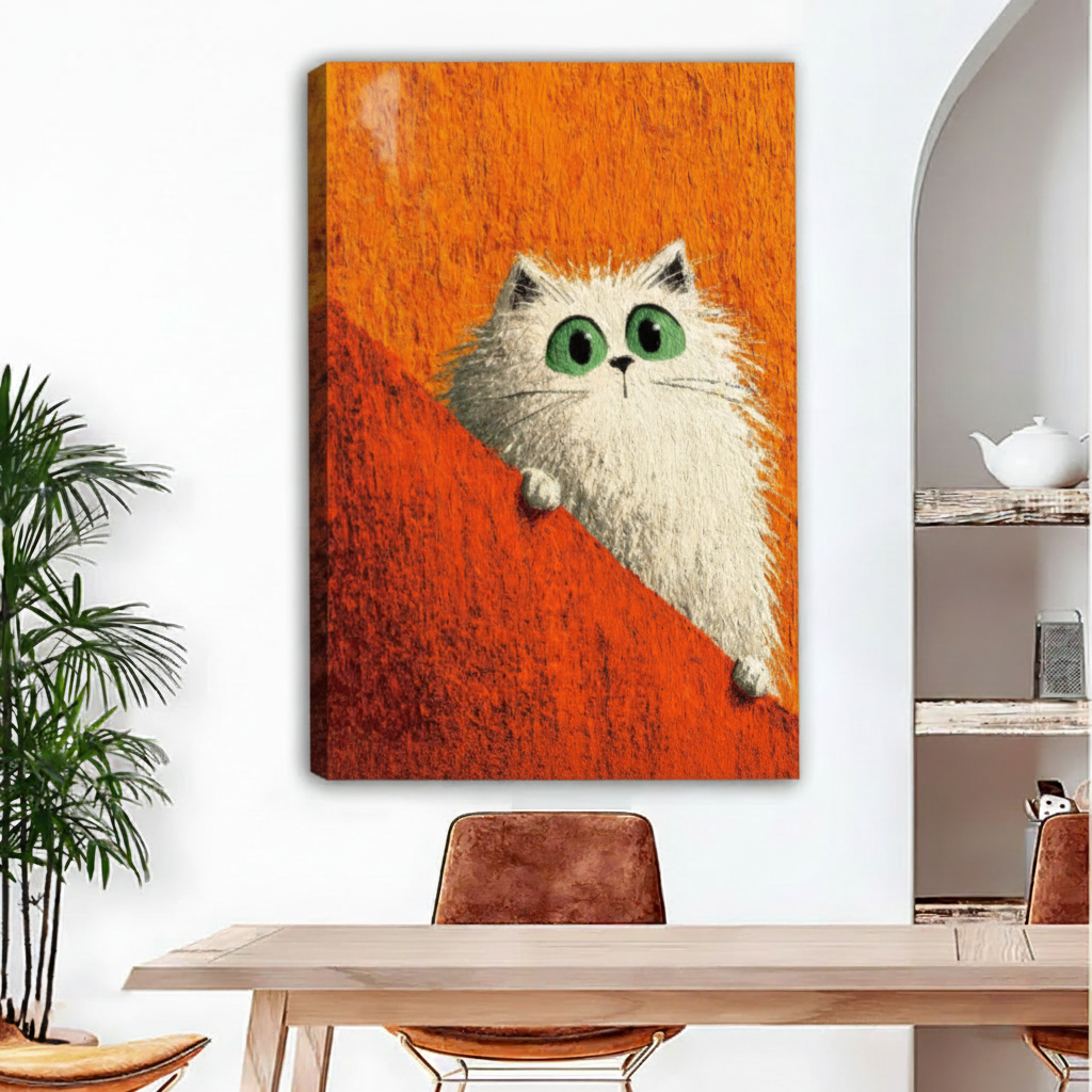 Whimsical white cat framed canvas wall art, black frame, bold pop art cat illustration on orange background, hung in a bright dining room with indoor plants