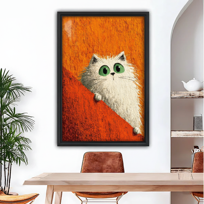 Whimsical white cat pop art canvas wall art, frameless gallery wrap, fluffy cat with green eyes on orange background, displayed in a modern dining room
