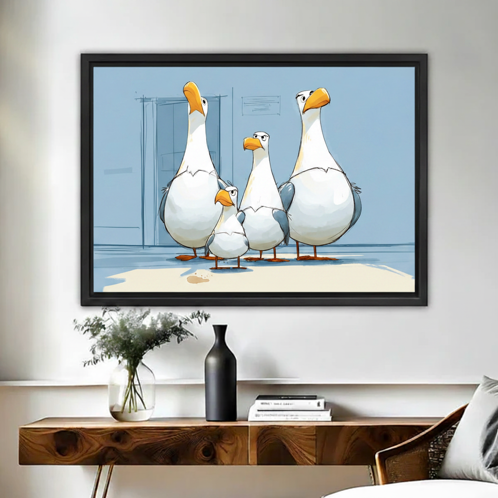 Funny seagull family framed canvas wall art print, woman holding horizontal black frame