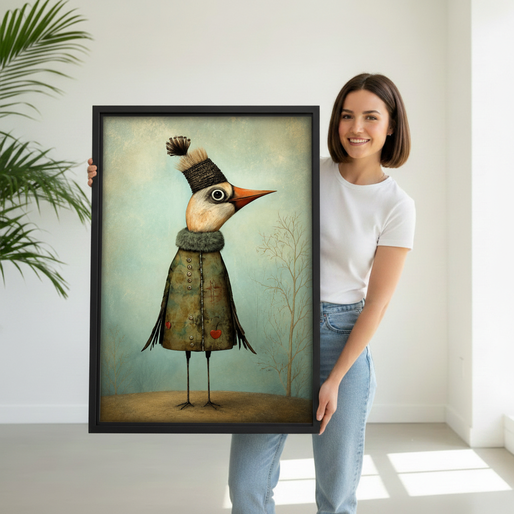 Woman holding large framed whimsical bird art print, quirky bird in green coat and knit hat on teal background, premium black frame canvas wall art gift