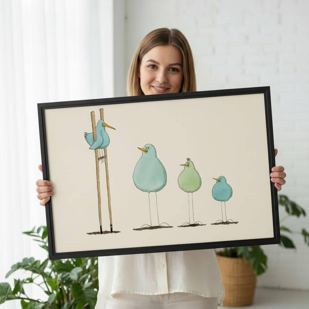 Woman holding large framed funny blue birds stilt watercolor illustration wall art print in black frame showing actual print size in bright white studio with green potted plants