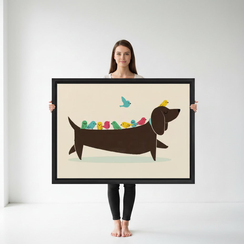 Woman holding large framed funny dachshund colorful birds illustration wall art print in black frame showing actual print size in bright white studio
