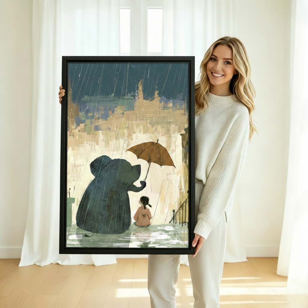  Woman holding large framed elephant and girl rainy day wall art print, black frame, showing actual print size in a bright airy room