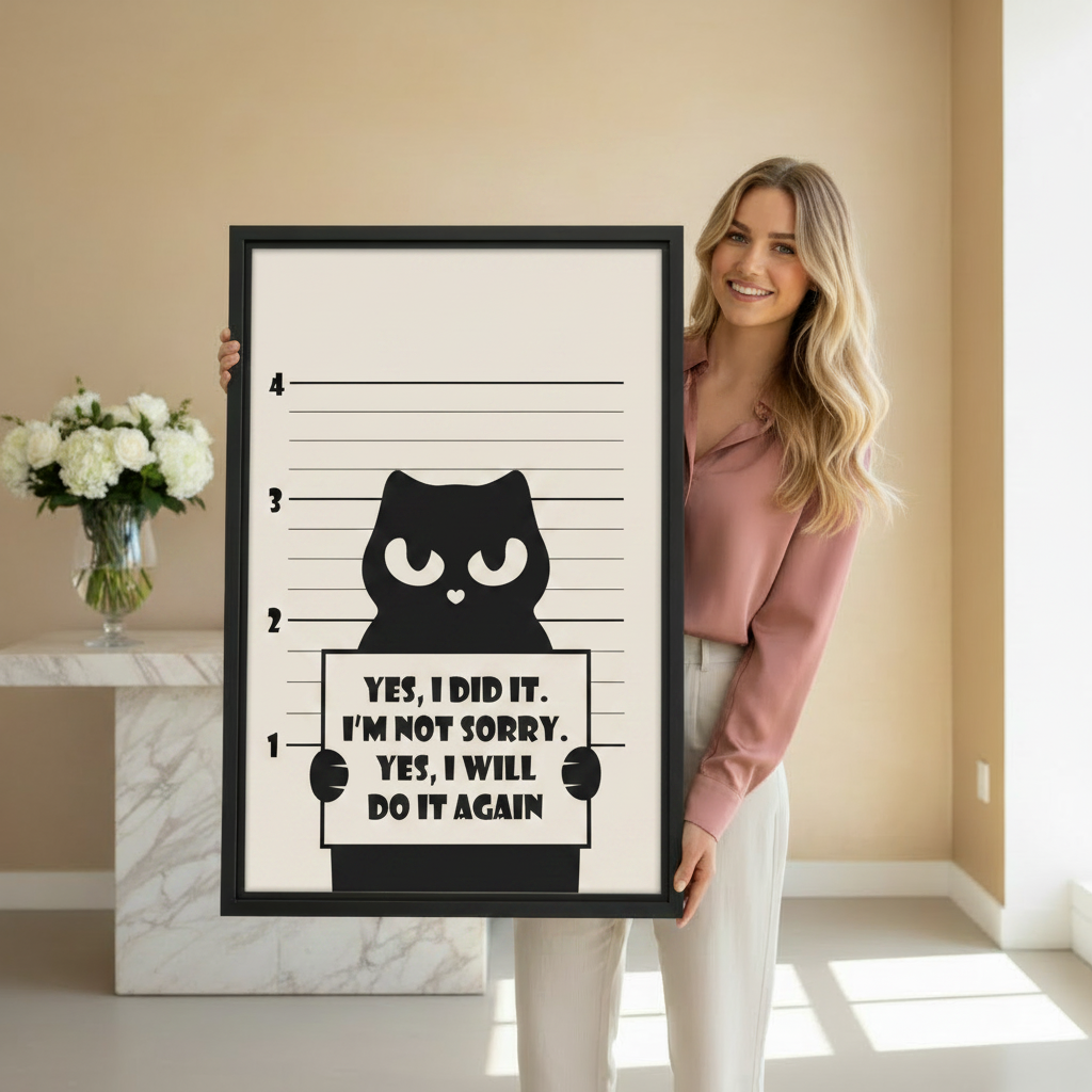 Woman holding large framed funny black cat mugshot yes I did it I'm not sorry wall art print in black frame showing actual print size in bright beige studio with white roses