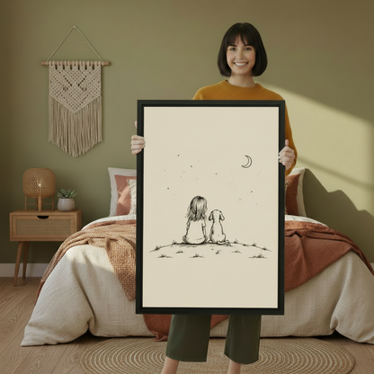 Woman holding large framed girl and dog watching moon stars minimalist line drawing wall art print in black frame showing actual print size in olive green boho bedroom with macrame wall hanging