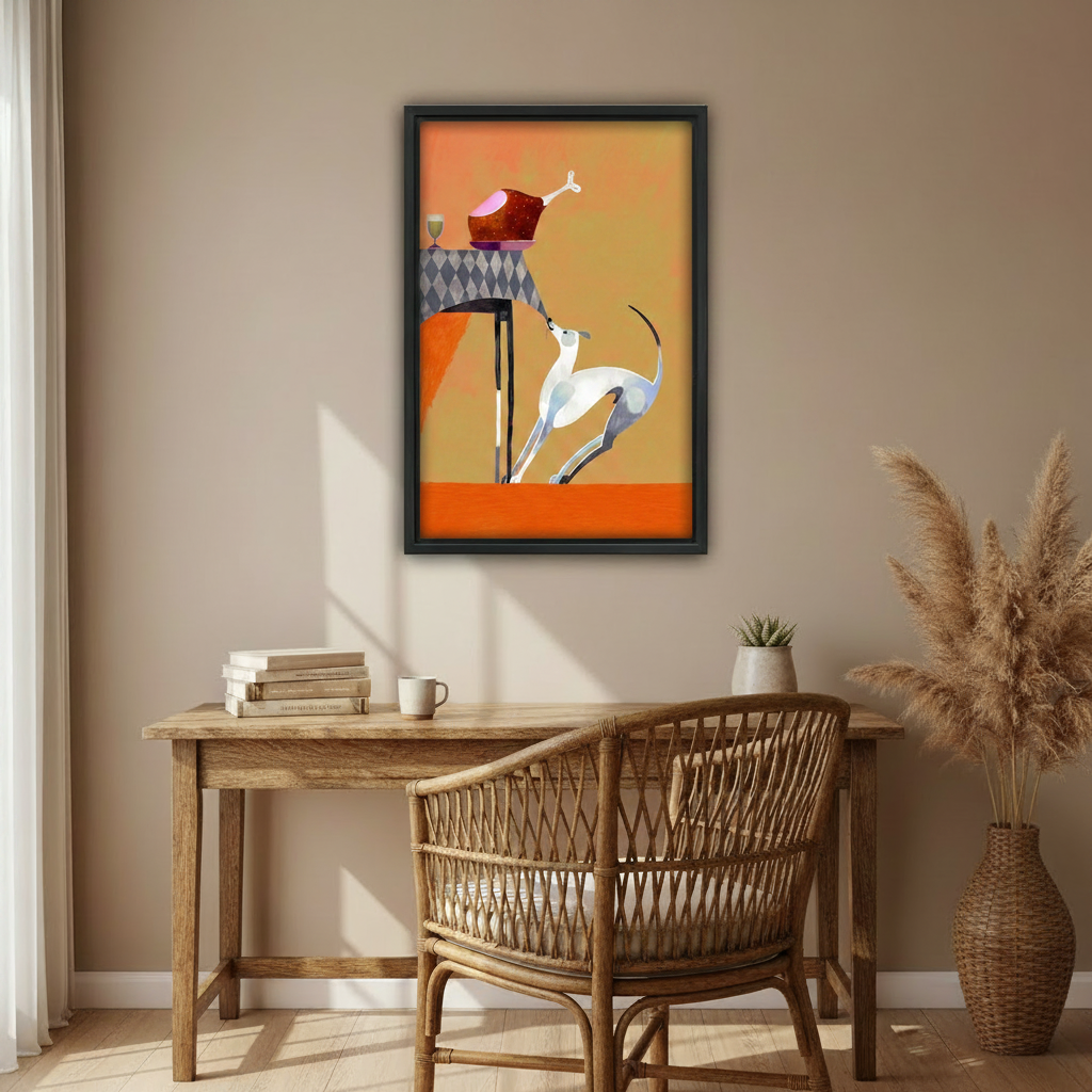 White greyhound dog roast turkey canvas print – whimsical wall art for living room