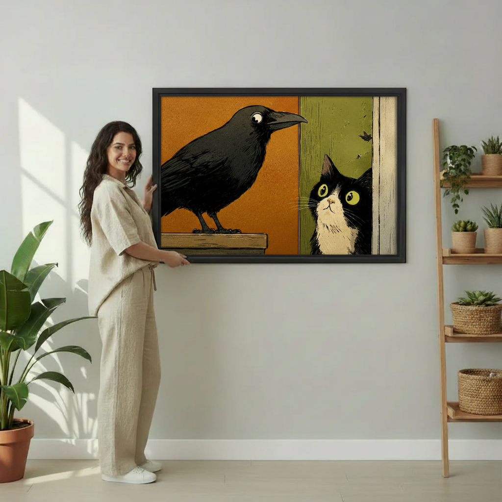 Black crow and tuxedo cat illustration print, vintage comic wall art in black frame, eclectic home decor