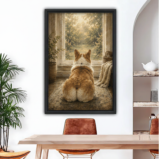 Corgi Gazing Out Window Vintage Oil Painting Canvas Wall Art — black framed print displayed in a modern dining room